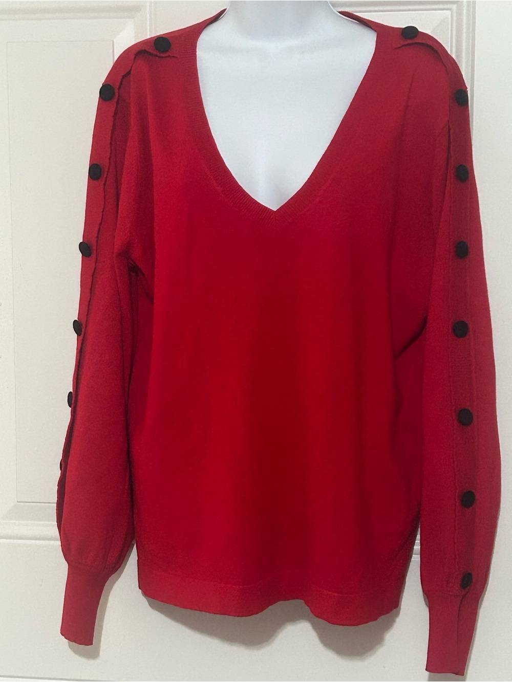 Karl Lagerfeld Red V-Neck Sweater with Black Button Trim